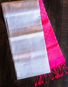 Grey With Pink Soft Silk Saree With Zari Border