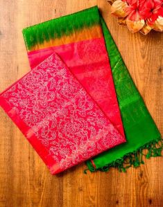 Pink Kanchipuram Saree With Green Brocade Zari Border