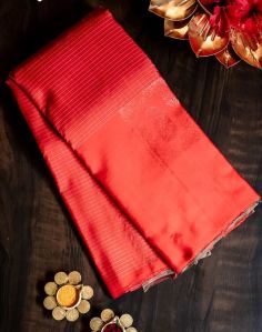 Red With Greenish Grey Checked Pure Kanjivaram Silk Saree