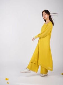 Embroidered Corn Yellow A-Line Kurta-Pant with Scrunchies