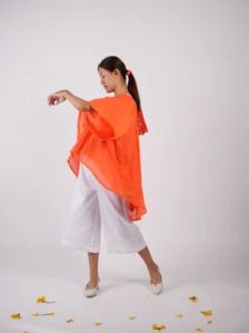 Embroidered Vivid Orange Asymmetric Top Palazzo with Scrunchies