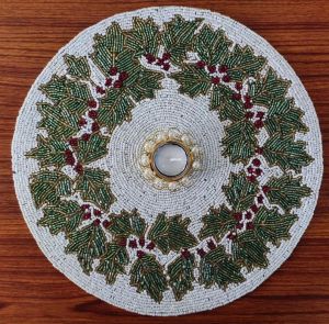 Christmas Wreath Theme White Green Beaded Placemats
