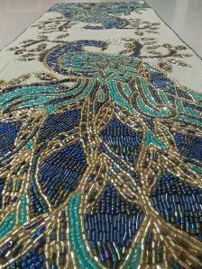 Handmade Peacock Motifs Beaded Table Runner