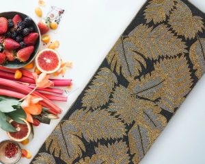 Handmade Tropical Palm Leaves Golden Black Beaded Table Runner
