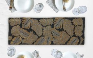 Handmade Tropical Palm Leaves Golden Black Beaded Table Runner