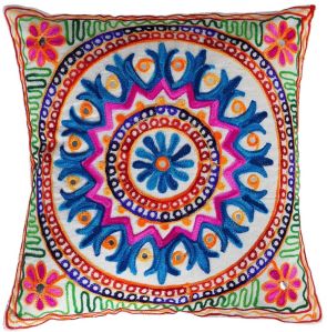 Handmade Abstract Multicolored Wool Thread Embroidery Cushion Cover