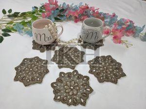 Handmade White and Silver Pearls Star Theme Beaded Coasters