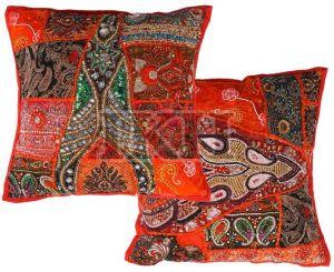 Orange Khambadia Patchwork Cushion Cover