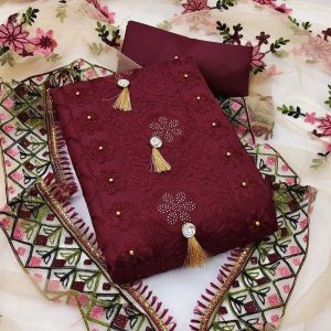 ladies maroon georgette embroidery unstitched suit