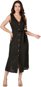 ladies black buttoned linen midi dress