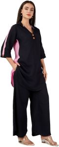 Ladies Dark Blue And Pink Linen Kurta Culottes Set