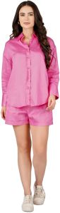 Ladies Pink Cotton Shirt And Shorts Loungewear Set