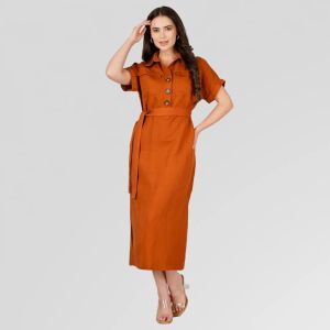 Ladies Rusty Shirt Dress with Waist Tie