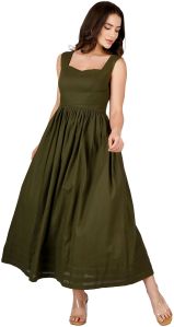 Ladies Square Neck Olive Green Elegant Linen Dress