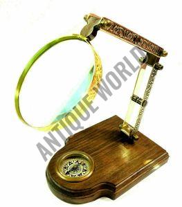 Adjustable Brass Nautical Magnifying Glass On Wooden Base with Compass