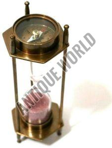 Antique Brass Sand Timer With Both Side Compass