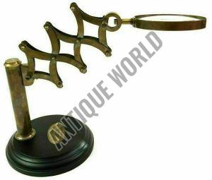 Brass Nautical Antique Chainner Magnifying Glass On Wooden Base