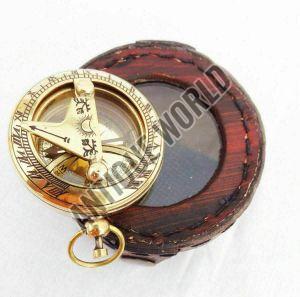 Brass Solid Push Button Sundial Compass with Leather Box