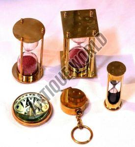 Combo Pack of 3 Antique Brass Sand Timer and 2 Nautical Brass Compass