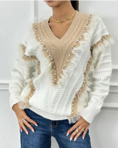 Ladies V Neck Beige Sweater