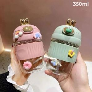 Rabbit Ear Pattern Glass Coffee Mug with Straw