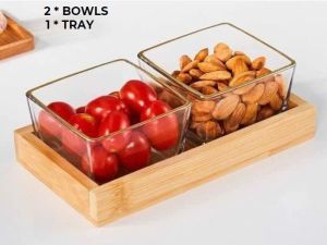 Wooden Tray with Square Glass Bowls