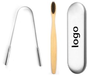 Steel Tongue Cleaner Bamboo Tooth Brush with Travel Case