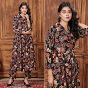 Rayon Fabric Black Color Readymade Kurti