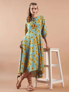 Floral Printed Tie-Up Neck Flare Dress