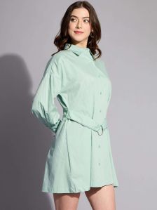 Women Sage Green Self-Tie Shirt Dress
