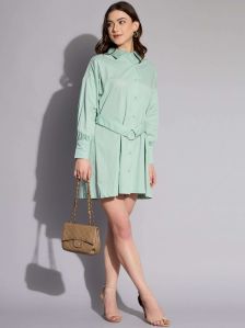 Women Sage Green Self-Tie Shirt Dress
