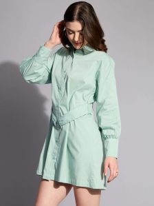 Women Sage Green Self-Tie Shirt Dress