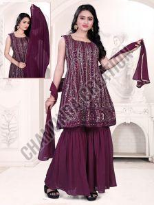 Ladies Embroidered Purple Georgette Sharara Suit