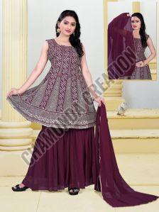 Ladies Embroidered Purple Georgette Sharara Suit