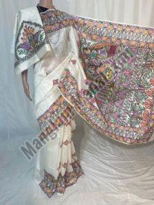 Party Wear Madhubani Hand Painted Silk Saree