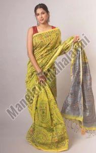 Yellow Handloom Madhubani Printed Saree