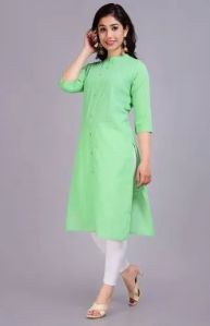 Ladies Green Plain Cotton Kurti