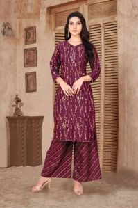 Ladies Maroon Printed Kurti Palazzo Suit