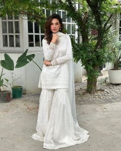 Ladies White Cotton Embroidered Sharara Suit