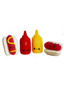 Crochet Stuffed Hot Dog Ketchup and Mustard Toy Set
