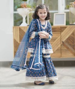 Blue Cotton Printed Kurti Sharara Set