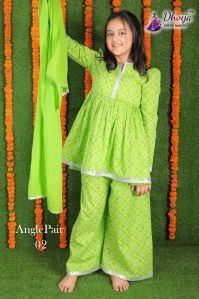 Green Cotton Printed Bandhani Kurta Sharara Set