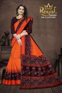 Aaradhya Orange & Dark Brown Cotton Saree