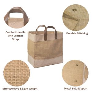 LMC Reusable Juco Tote Shopping Bags with Leather Strap Handles