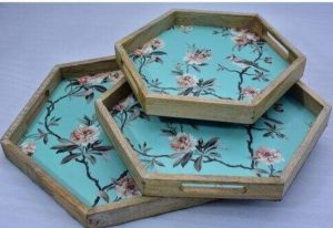 HEXAGON DESIGN WOODEN ENAMEL TRAY