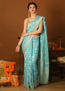 Aqua Blue Khaddi Georgette Handloom Banarasi Saree