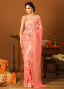 Candy Pink Khaddi Georgette Handloom Banarasi Saree