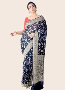 Navy Blue Khaddi Georgette Banarasi Saree