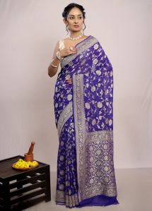Purplish Blue Khaddi Georgette Handloom Banarasi Saree