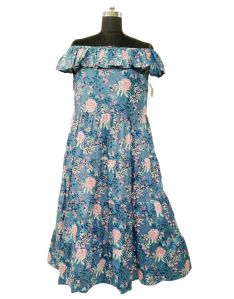 Indian Cotton Blue Floral Off Shoulder Frill Summer Dress Womens Partywear Dress